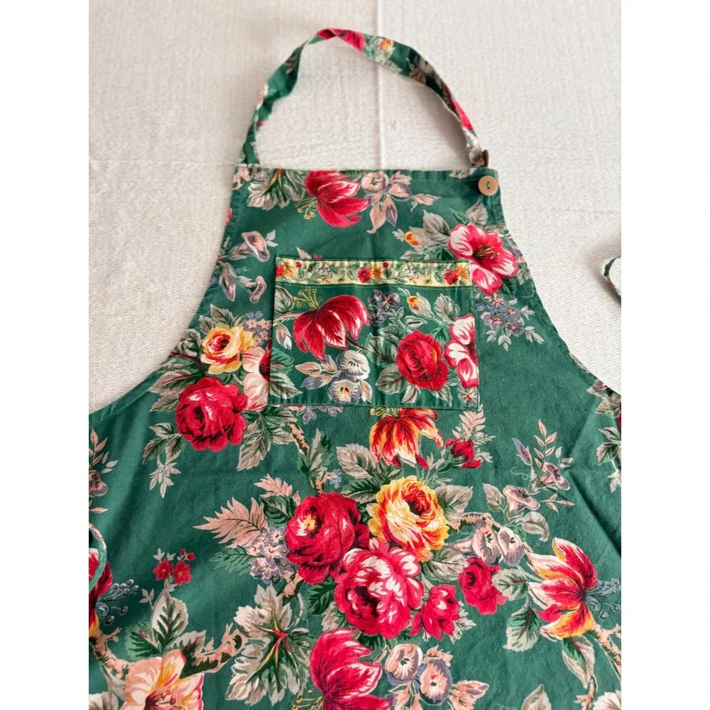 April Cornell Green Floral Cabbage Rose Bib Apron with Pocket Cottagecore